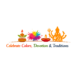 Minimalistic Hindu festival logo featuring colorful Holi splashes, a diya lamp, kalash, and Goddess Durga silhouette with the tagline “Celebrate Colors, Devotion & Traditions.