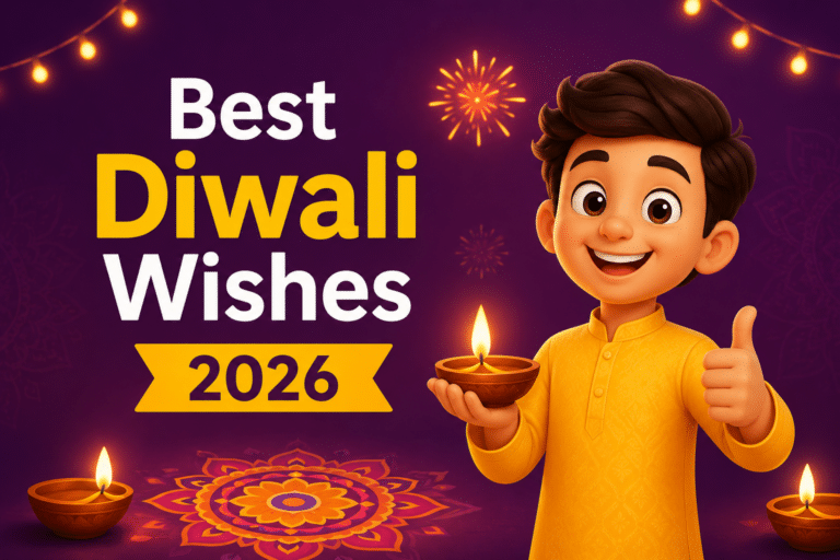 Best Diwali Wishes 2026 festive banner featuring a smiling animated boy holding a glowing diya with fireworks, rangoli, and Diwali lights in the background