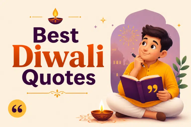 Best Diwali Quotes feature image with animated boy reading festive quote book beside diya lamps and fireworks during Diwali celebration