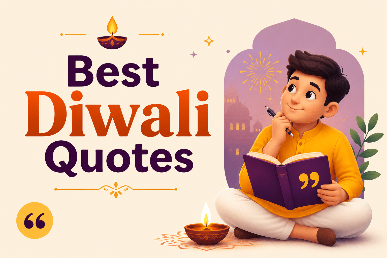 Best Diwali Quotes feature image with animated boy reading festive quote book beside diya lamps and fireworks during Diwali celebration