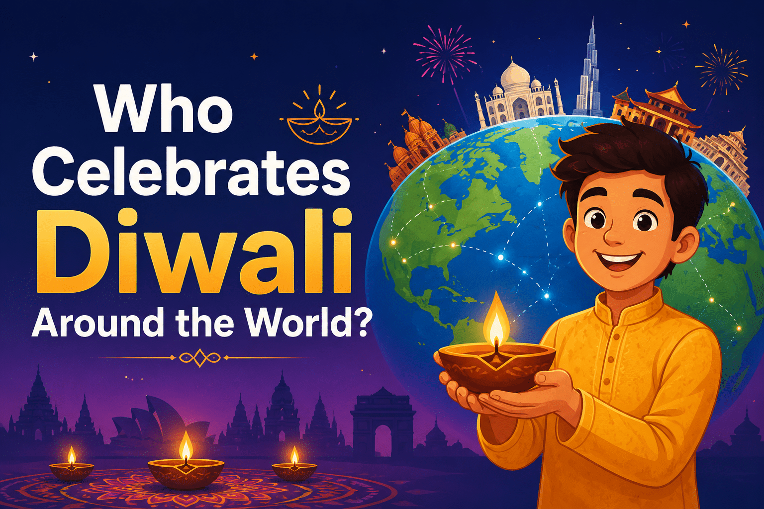 Animated feature image showing a boy holding a Diwali diya with a world globe and famous landmarks, representing people celebrating Diwali around the world.