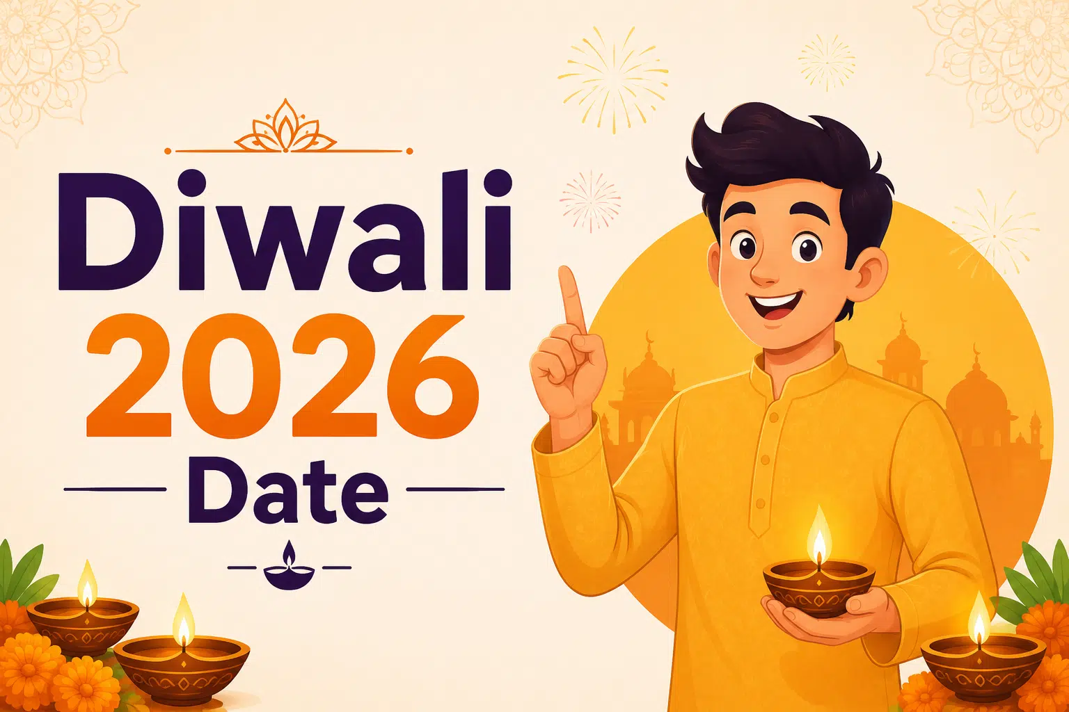 Animated Diwali 2026 date feature image showing a smiling boy holding a diya with festive lamps, fireworks, and traditional Indian festival decorations.