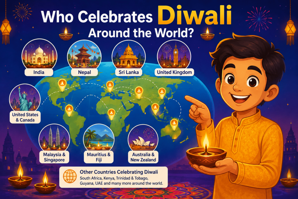 Colorful Diwali world celebration image showing an animated boy holding a diya with a world map and countries like India, Nepal, UK, USA, Canada, Malaysia, Singapore, Australia, and UAE celebrating Diwali.