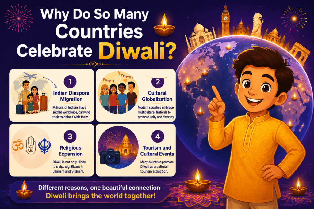 Illustrated Diwali infographic showing why many countries celebrate Diwali with an animated boy, world globe, diyas, fireworks, and cultural symbols representing global Diwali traditions.