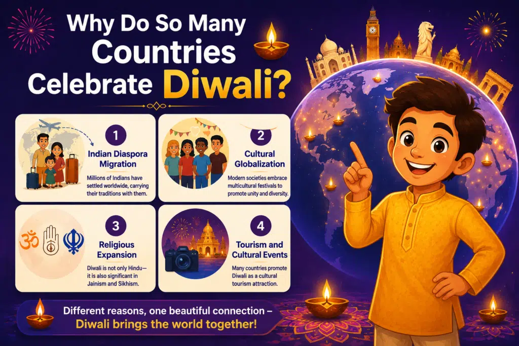 Illustrated Diwali infographic showing why many countries celebrate Diwali with an animated boy, world globe, diyas, fireworks, and cultural symbols representing global Diwali traditions.
