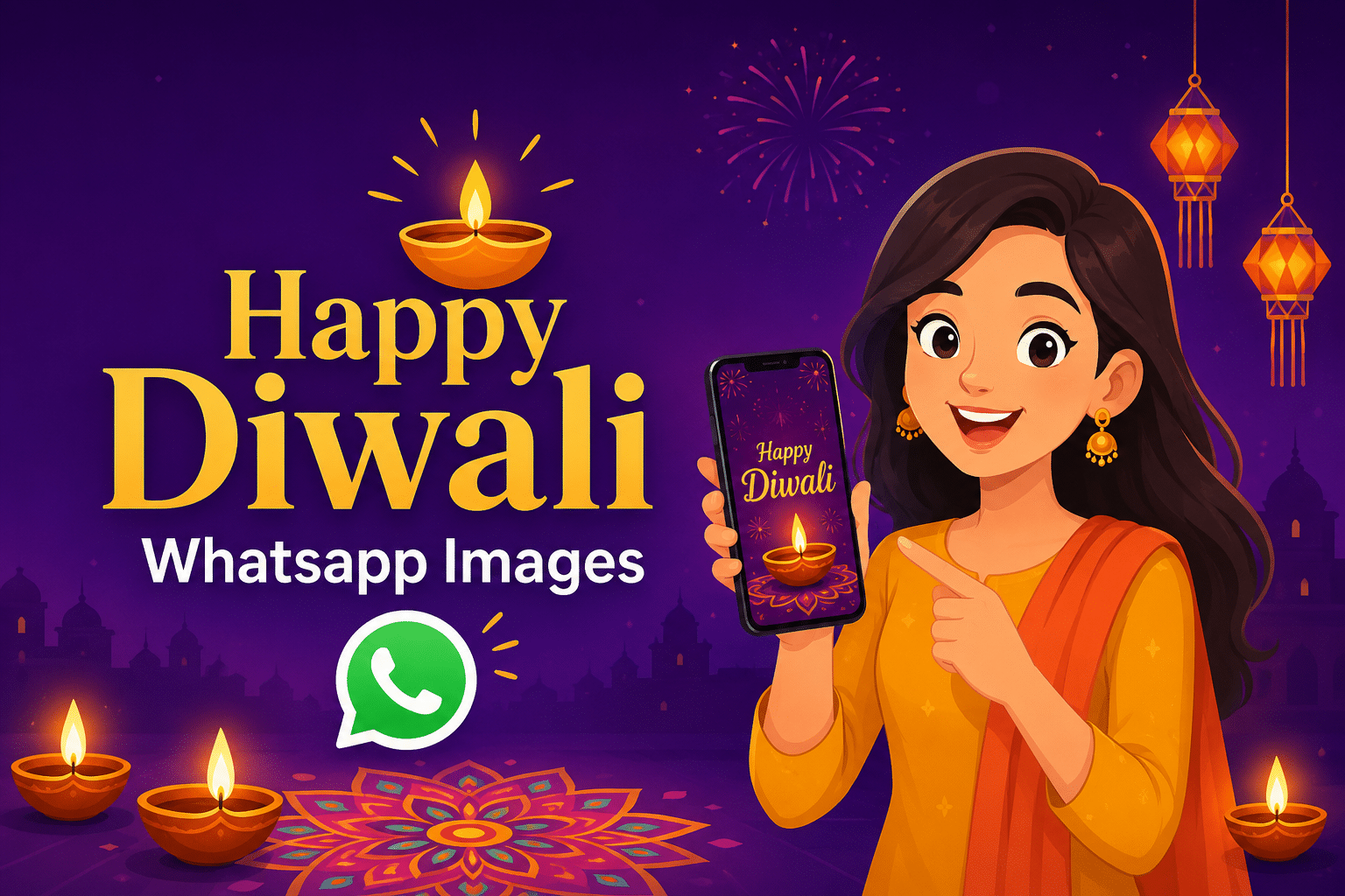 Happy Diwali WhatsApp Images feature image with animated girl holding smartphone, glowing diyas, festive lights, rangoli art, and purple Diwali background