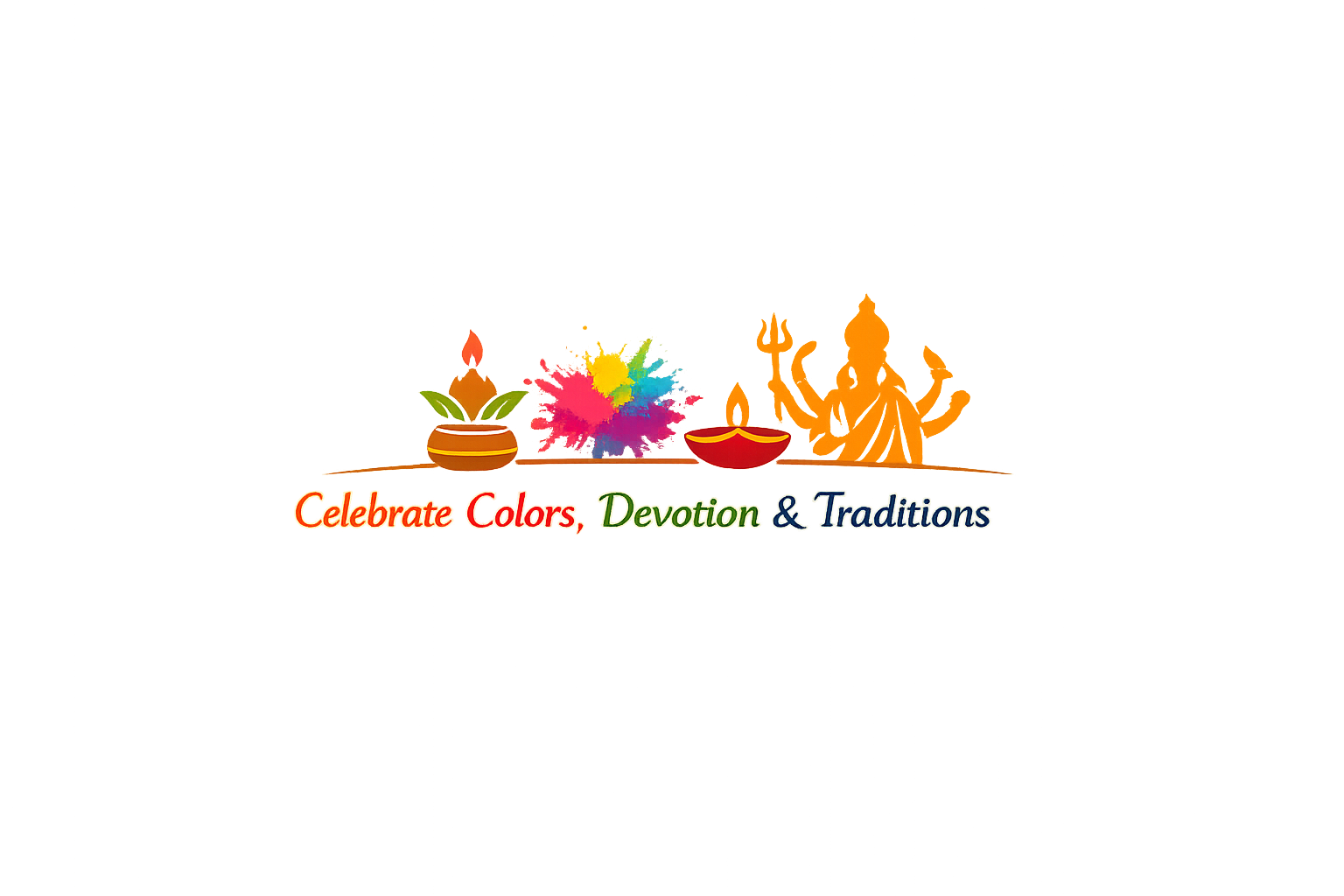 Minimalistic Hindu festival logo featuring colorful Holi splashes, a diya lamp, kalash, and Goddess Durga silhouette with the tagline “Celebrate Colors, Devotion & Traditions.
