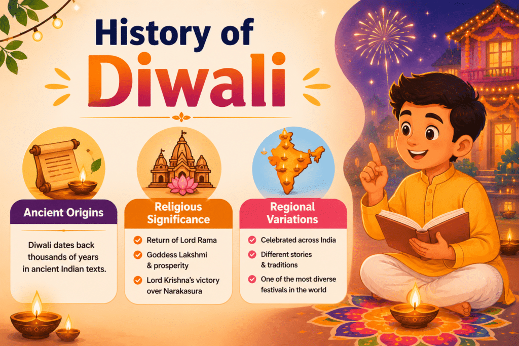 History of Diwali infographic showing animated boy holding diya with ancient origins, religious significance, Lord Rama, Goddess Lakshmi, and regional Diwali traditions.