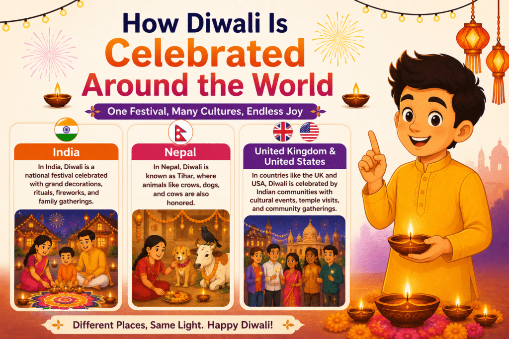 How Diwali is celebrated around the world infographic showing Diwali celebrations in India, Nepal, United Kingdom, and United States with festive animated illustrations.