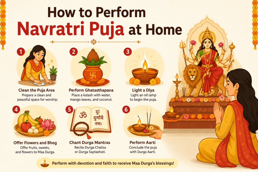 Informative Navratri Puja at Home feature image showing step-by-step Durga puja rituals including Ghatasthapana, lighting diya, offering flowers and bhog, chanting Durga mantras, and performing aarti. This colorful Sharad Navratri 2026 guide image with animated devotee and Maa Durga illustration is perfect for blogs about Navratri puja vidhi, Durga worship, fasting rituals, and Hindu festival traditions.