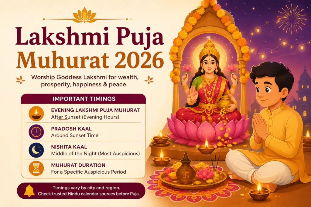 Lakshmi Puja Muhurat 2026 feature image showing Goddess Lakshmi, Diwali diyas, and a praying boy with important puja timings and festive decorations.