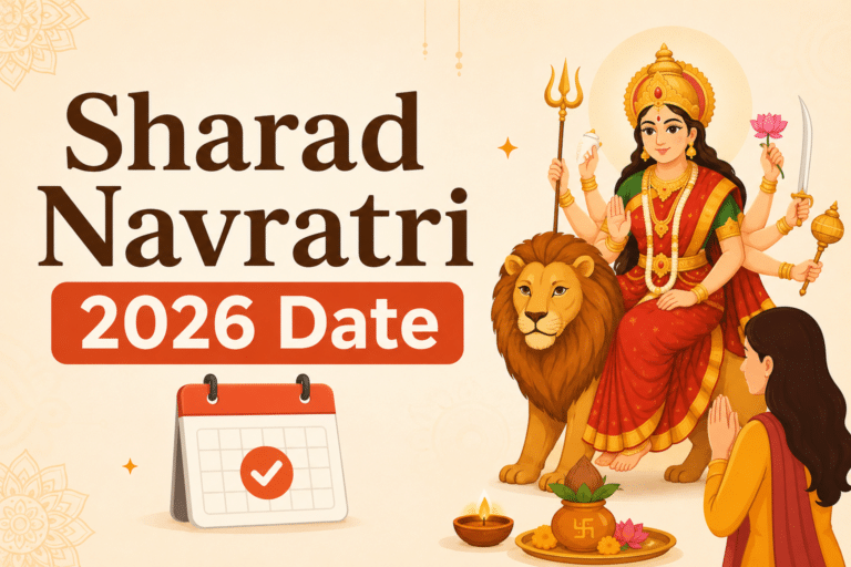 Sharad Navratri 2026 date feature image with Goddess Durga, lion, calendar icon, diya, and praying woman in festive Hindu celebration theme
