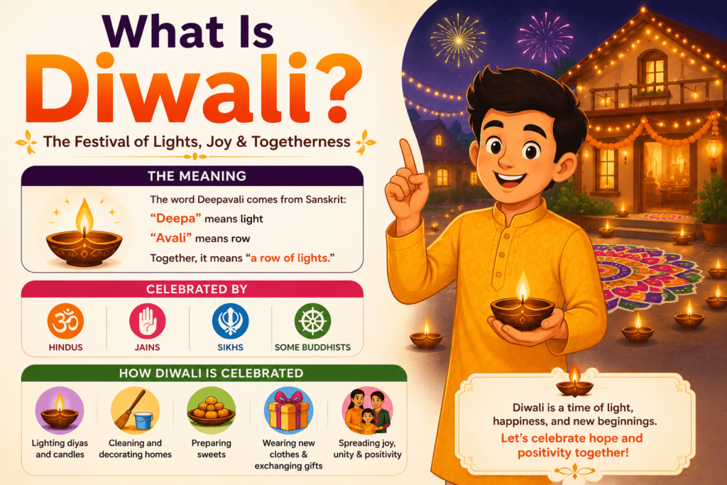 What Is Diwali Infographic with Animation Of Boy With Diya and Decorated Home With Rangingli, Lights and Diwali Traditions like Diyas, Sweets, Gifts and Diwali Celebrations.