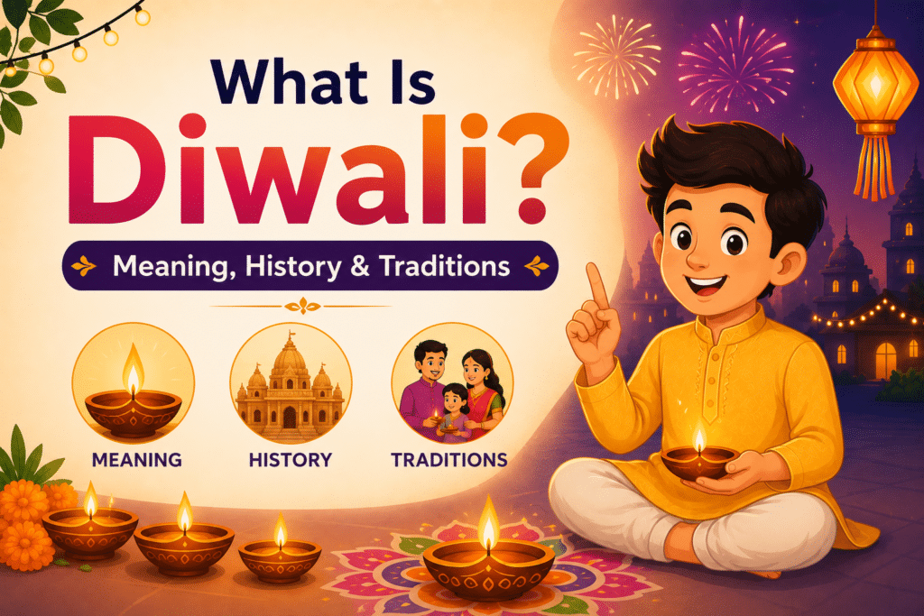 What Is Diwali feature image showing animated boy holding diya with Diwali lights, fireworks, rangoli, and symbols of meaning, history, and traditions.