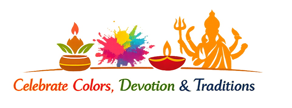 Minimalistic Hindu festival logo featuring colorful Holi splashes, a diya lamp, kalash, and Goddess Durga silhouette with the tagline “Celebrate Colors, Devotion & Traditions.