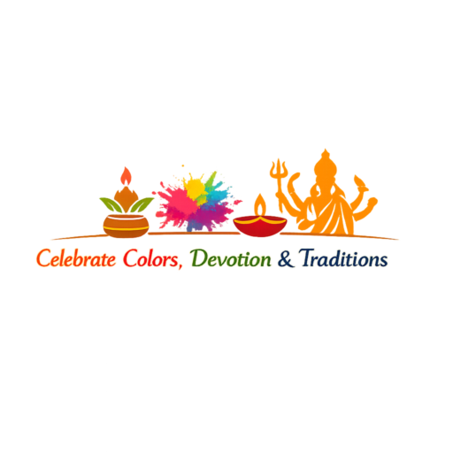 Minimalistic Hindu festival logo featuring colorful Holi splashes, a diya lamp, kalash, and Goddess Durga silhouette with the tagline “Celebrate Colors, Devotion & Traditions.