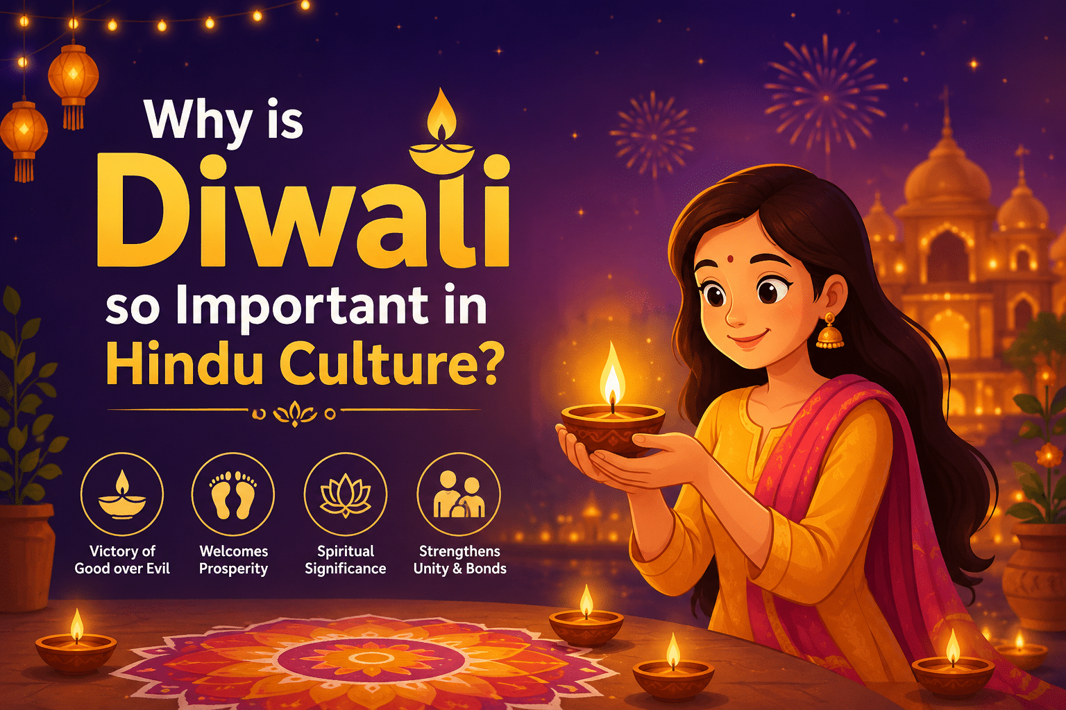 Why is Diwali so Important in Hindu Culture? Animated girl holding a diya with festive lights, rangoli, and illuminated temple background during Diwali celebration