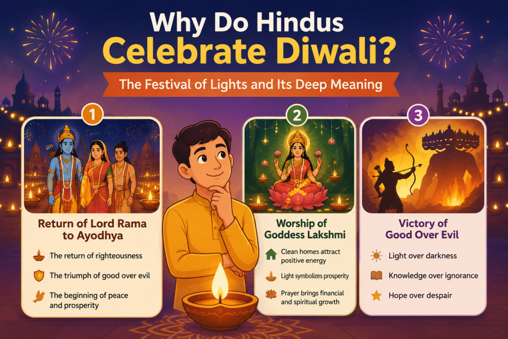 Infographic explaining why Hindus celebrate Diwali, showing Lord Rama’s return to Ayodhya, Goddess Lakshmi worship, and the victory of good over evil with festive lamps and cultural symbols.