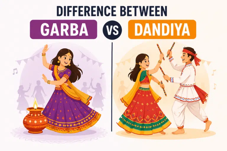 Illustration showing the difference between Garba and Dandiya dance forms. On the left, a woman performs Garba near a decorated earthen lamp pot, while on the right, a man and woman perform Dandiya using colorful sticks during a festive celebration.