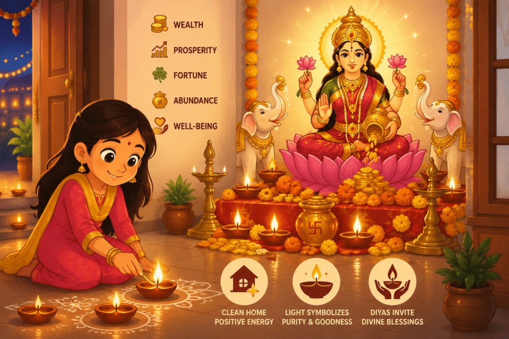 Animated girl lighting Diwali diyas in front of Goddess Lakshmi during Lakshmi Puja, symbolizing wealth, prosperity, fortune, abundance, and divine blessings.