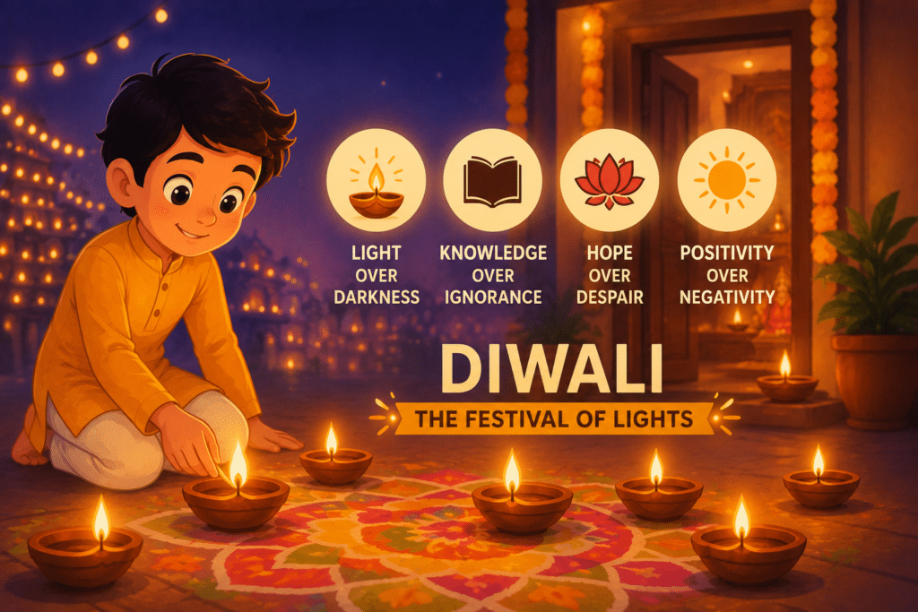 Animated boy lighting traditional Diwali diyas with symbols representing light over darkness, knowledge over ignorance, hope over despair, and positivity over negativity during the Festival of Lights.