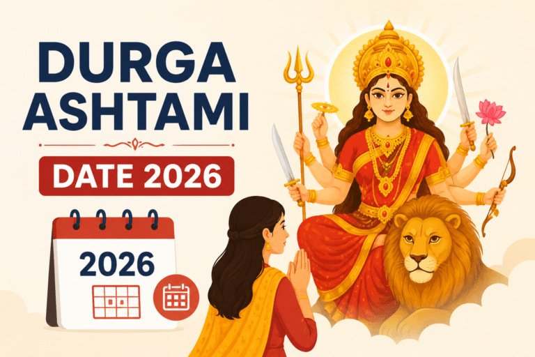 Durga Ashtami Date 2026 featured image showing Goddess Durga seated on a lion with a devotee praying beside a 2026 calendar illustration.