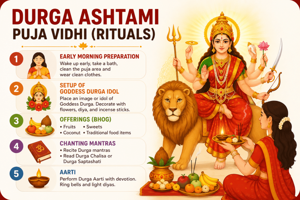 Goddess Durga Puja Vidhi, Aarti by a devotee and step by step Durga Ashtami Puja tips, in accordance with the ritual, how to prepare the puja, offerings, mantras and perform aarti.