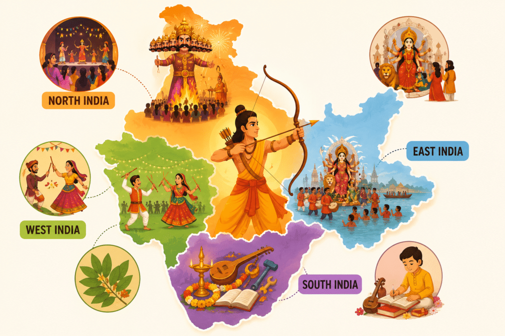 How Dussehra is celebrated in India with regional traditions including Ramlila, Garba, Durga Puja, and Vijayadashami rituals