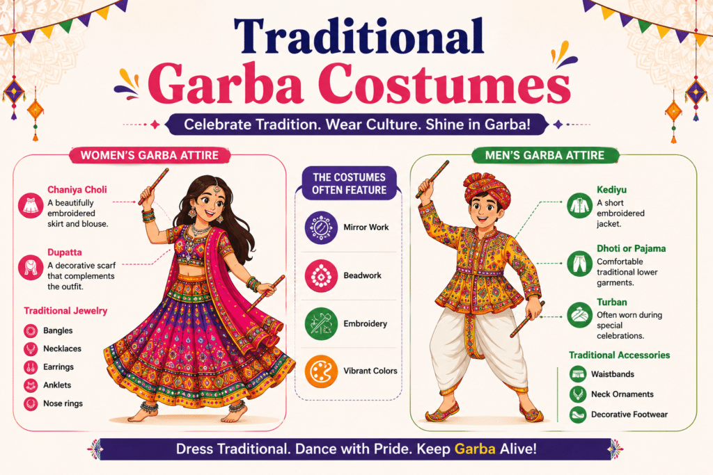 Traditional Garba costumes for men and women featuring colorful Chaniya Choli, Dupatta, Kediyu, Dhoti, traditional jewelry, mirror work, embroidery, and vibrant Gujarati dance attire.