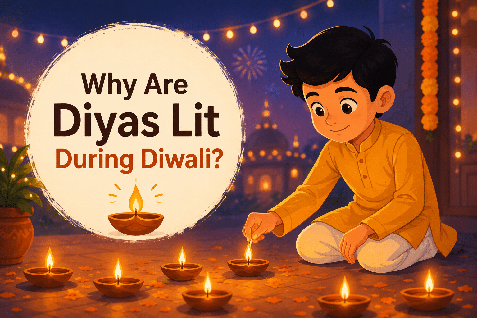 Animated boy lighting traditional clay diyas during Diwali celebration, explaining why diyas are lit during the Festival of Lights.