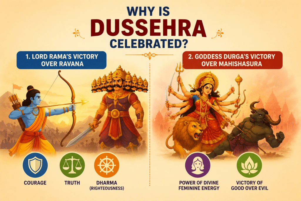 Why is Dussehra celebrated illustration showing Lord Rama defeating Ravana and Goddess Durga defeating Mahishasura