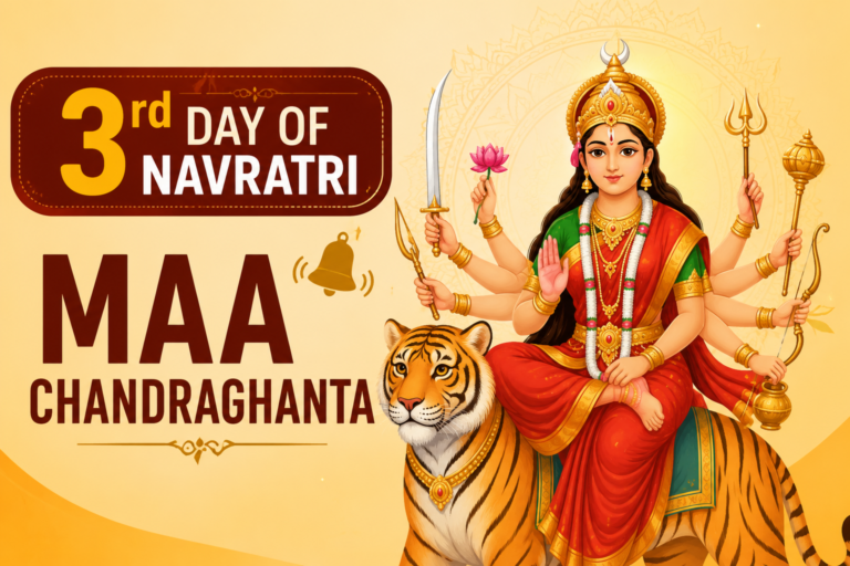 3rd Day of Navratri Maa Chandraghanta illustration with tiger and devotional festival artwork