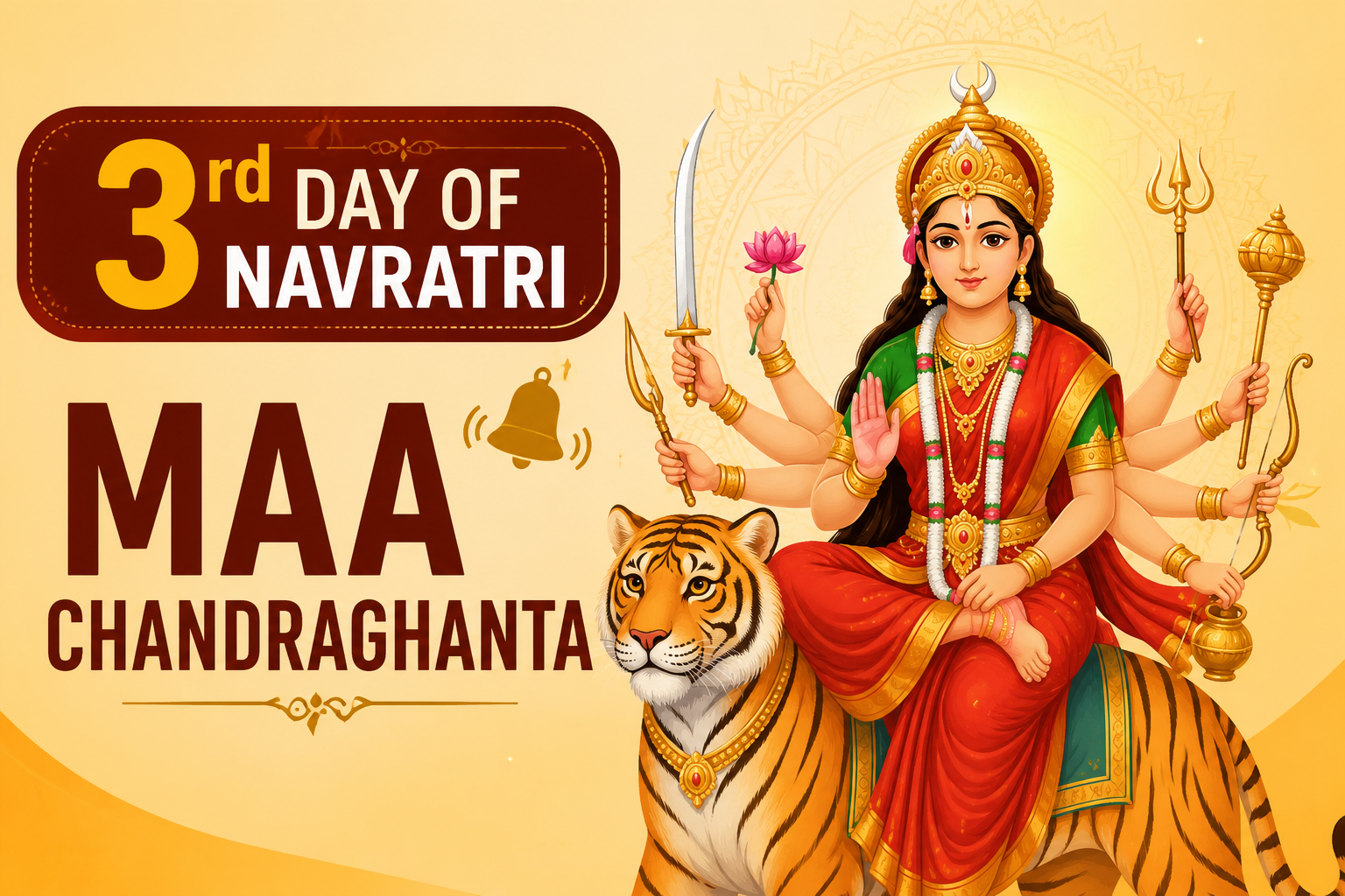3rd Day of Navratri Maa Chandraghanta illustration with tiger and devotional festival artwork