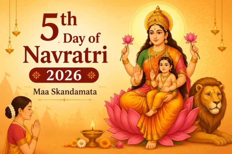 5th Day of Navratri 2026 feature image showing Maa Skandamata seated on a lotus flower with Lord Kartikeya, a lion, and a devotee offering prayers.