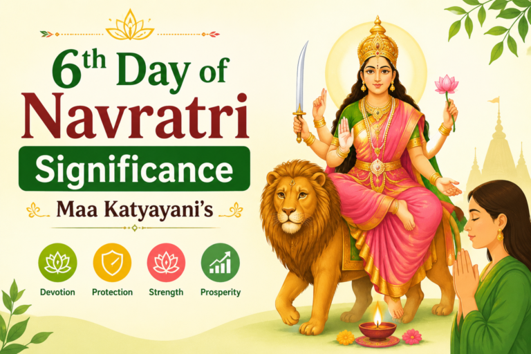 6th Day of Navratri Significance featuring Maa Katyayani seated on a lion with a devotee praying, symbolizing strength, prosperity, and divine blessings.