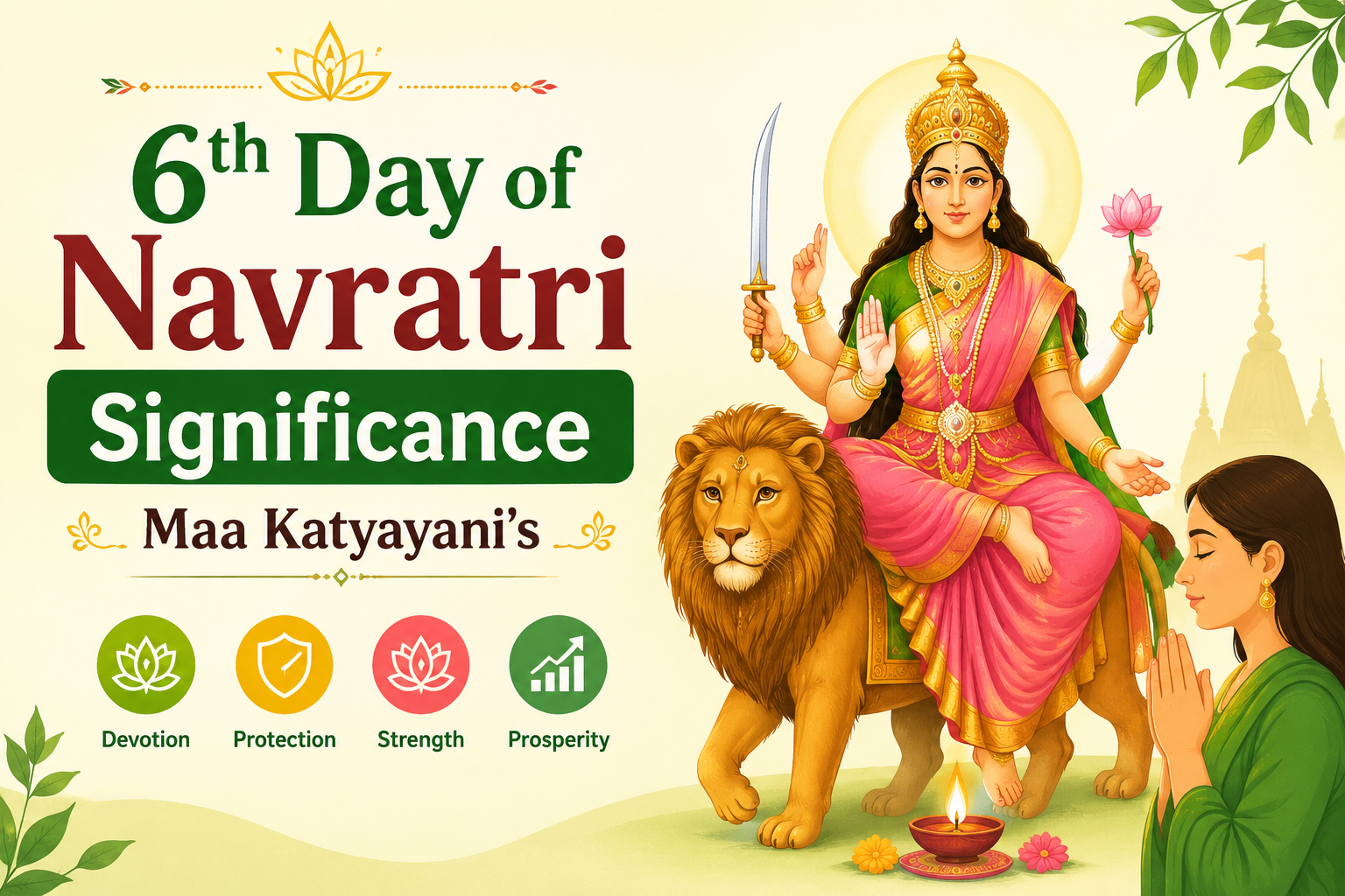 6th Day of Navratri Significance featuring Maa Katyayani seated on a lion with a devotee praying, symbolizing strength, prosperity, and divine blessings.