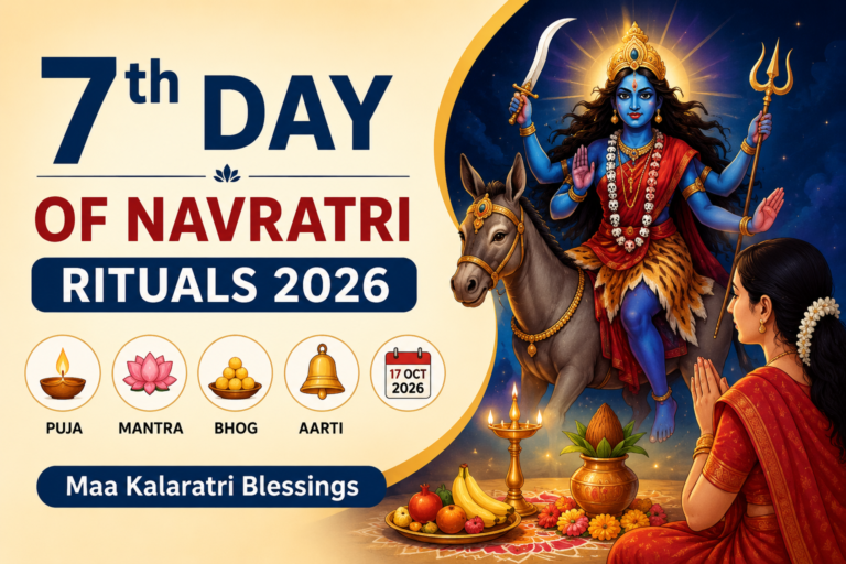 7th Day of Navratri Rituals 2026 featuring Maa Kalaratri with a devotee performing puja on Saturday, 17 October 2026.