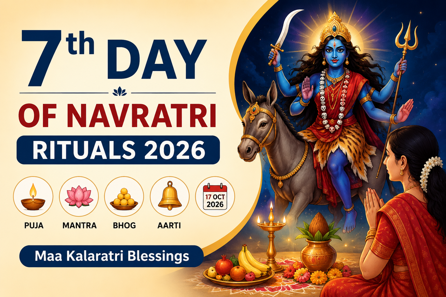 7th Day of Navratri Rituals 2026 featuring Maa Kalaratri with a devotee performing puja on Saturday, 17 October 2026.