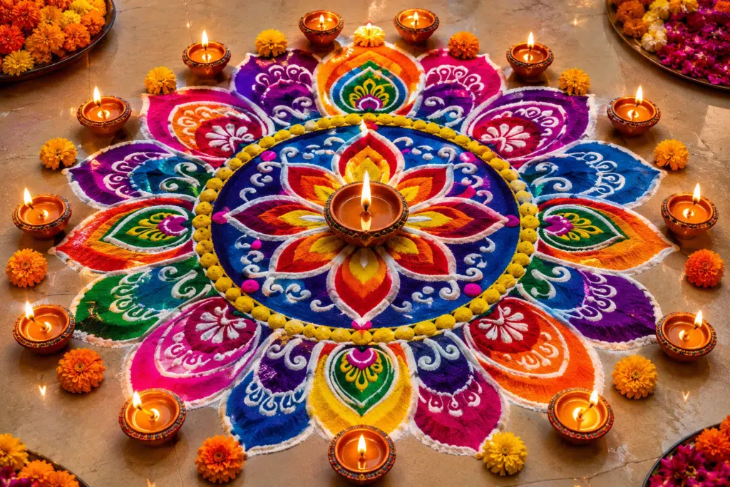 Bright multicoloured rangoli with a large diya in the centre