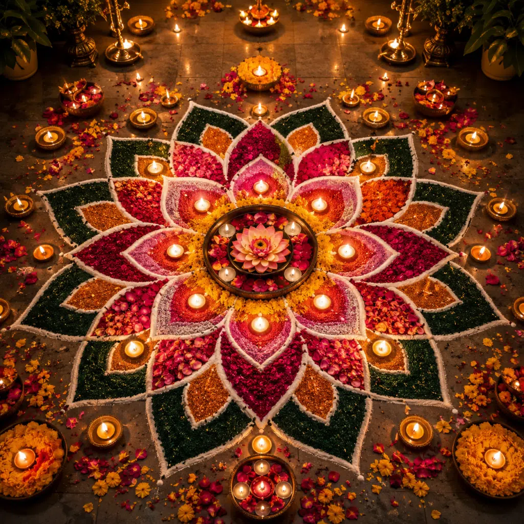 Lotus-shaped Diwali rangoli in red, pink and green with lit diyas