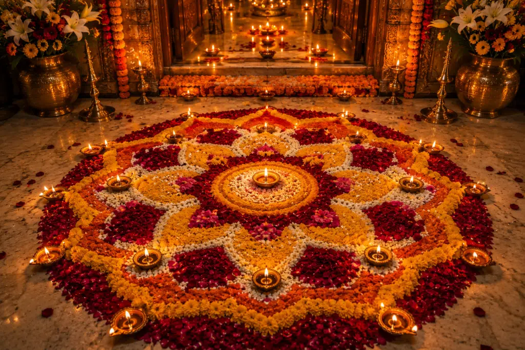 Diwali rangoli made with marigold and rose petals and small diyas