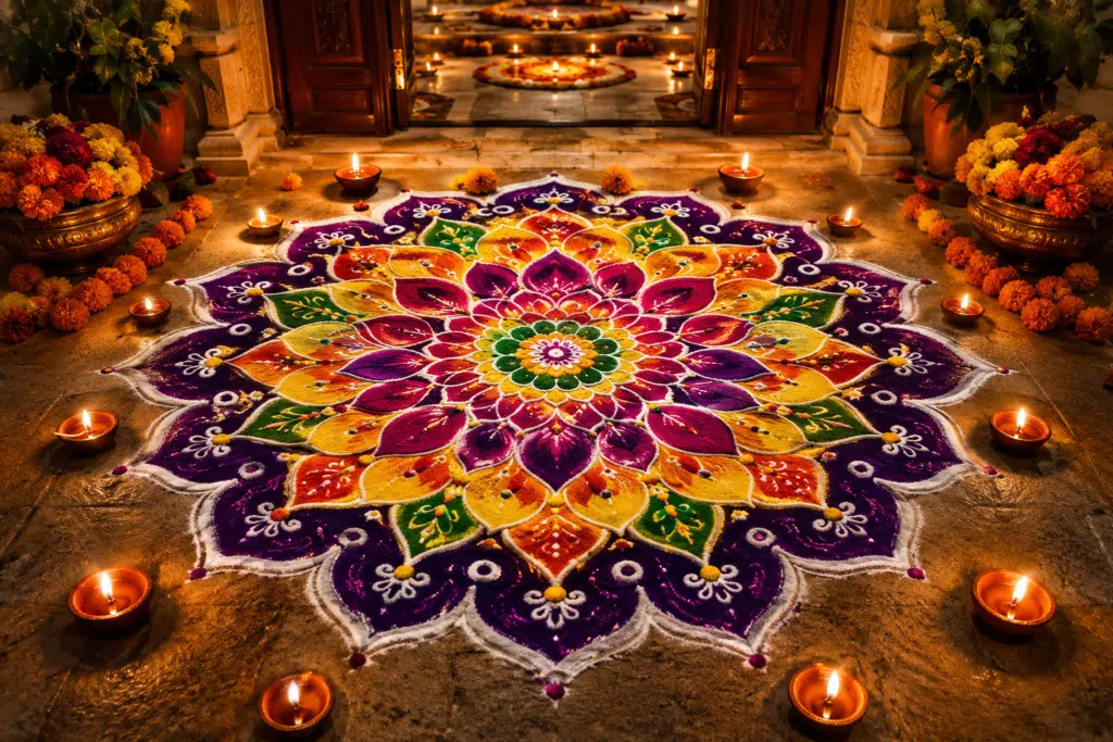 Circular Diwali rangoli in purple, yellow and green with diyas around it