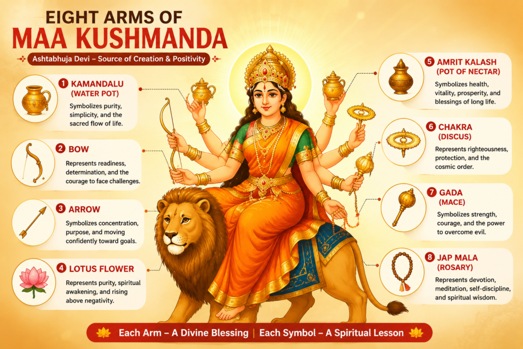 The Navratri Day 4 Devis are shown with the sacred symbols which are held by the fourth form of Goddess Durga.In the fourth form, 8 Arms of Goddess Kushmanda, she hold the sacred symbols, which are shown on the Navratri Day 4.
