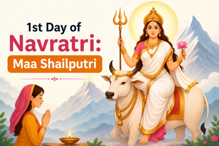 1st Day of Navratri Maa Shailputri illustration showing Goddess Shailputri seated on Nandi with a devotee offering prayers.
