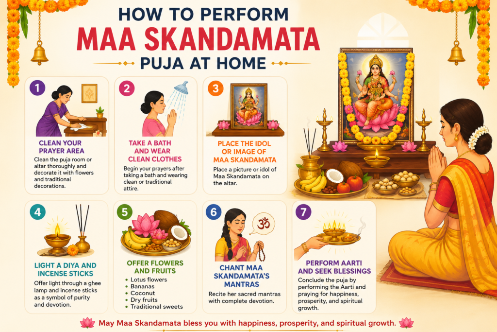 Navratri Puja at Home Step-by-Step Maa Skandamata Puja with a worship devotee using traditional worship items as offering and doing the rituals of Navratri or Mata Vaaru Puja.

