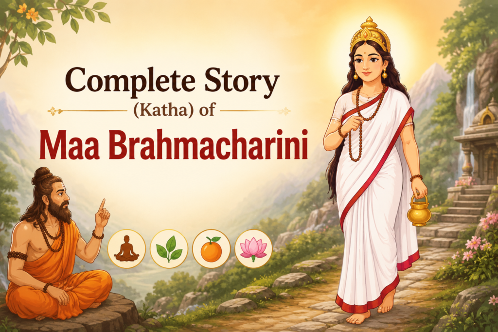 Complete Story (Katha) of Maa Brahmacharini illustration showing Goddess Parvati performing penance with Sage Narada during Navratri