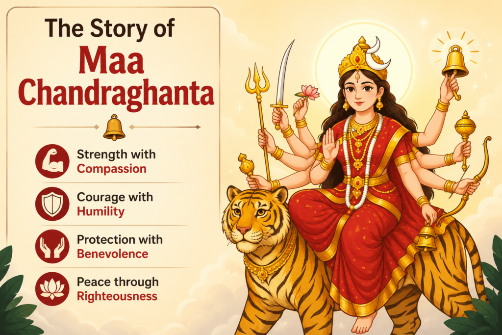 Animated illustration of Maa Chandraghanta riding a tiger on the 3rd Day of Navratri, symbolising courage, compassion, protection, and divine peace.

