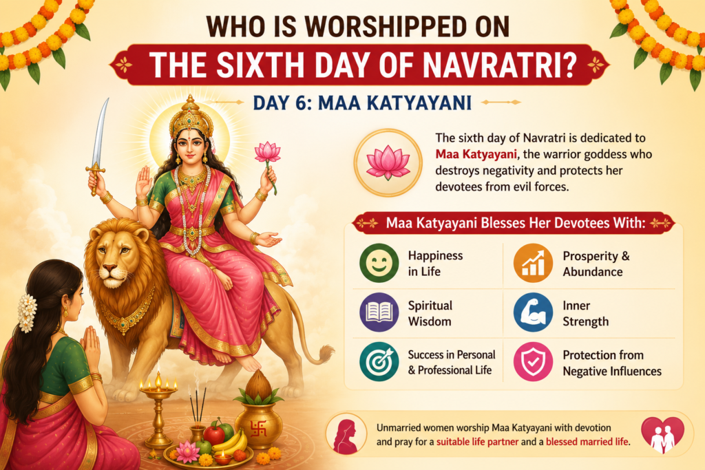 Who is Worshipped on the Sixth Day of Navratri? Feature image showing Maa Katyayani riding a lion, an animated devotee praying, and the key blessings of the sixth day of Navratri.