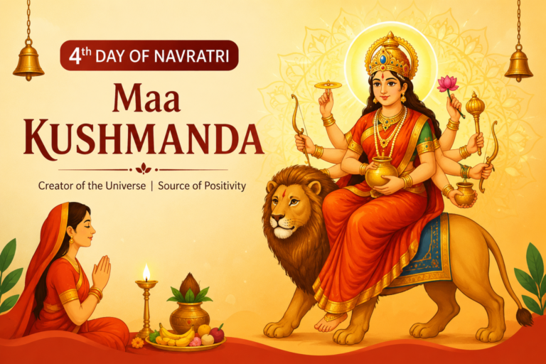 4th Day of Navratri featuring Maa Kushmanda with a devotee offering prayers during Navratri 2026