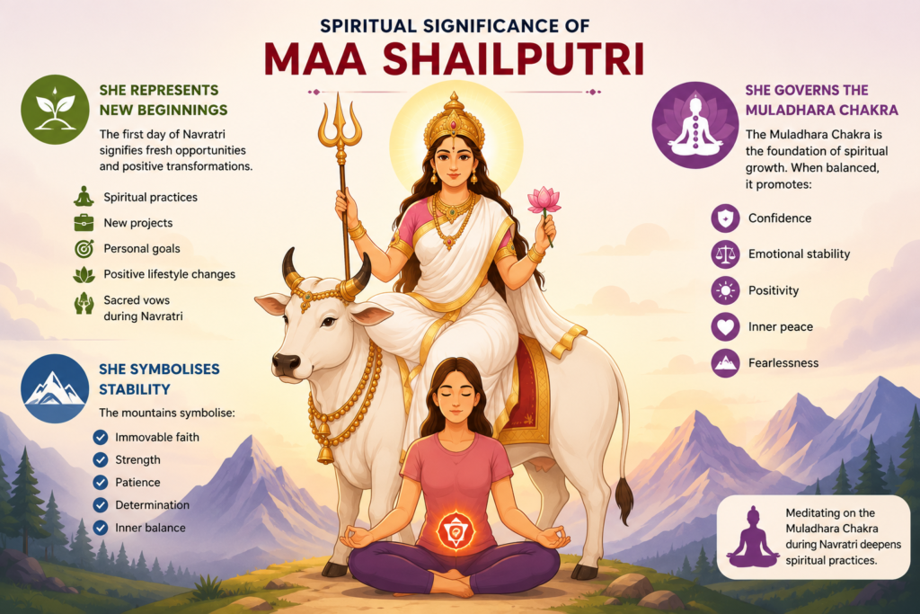 Spiritual significances of Maa Shailputri illustration featuring Goddess Maa Shailputri on Navratri Day 1 and Muladhara Chakra Meditation and its spiritual significance, what are the symbols of strength, stability and new beginning.
